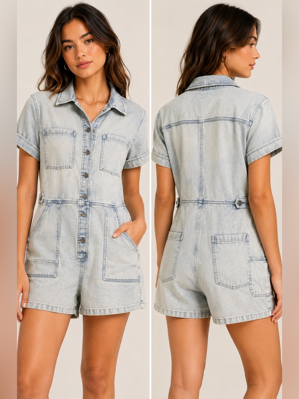 Umgee Denim Light Wash Utility Romper Short Sleeve NWT Size M